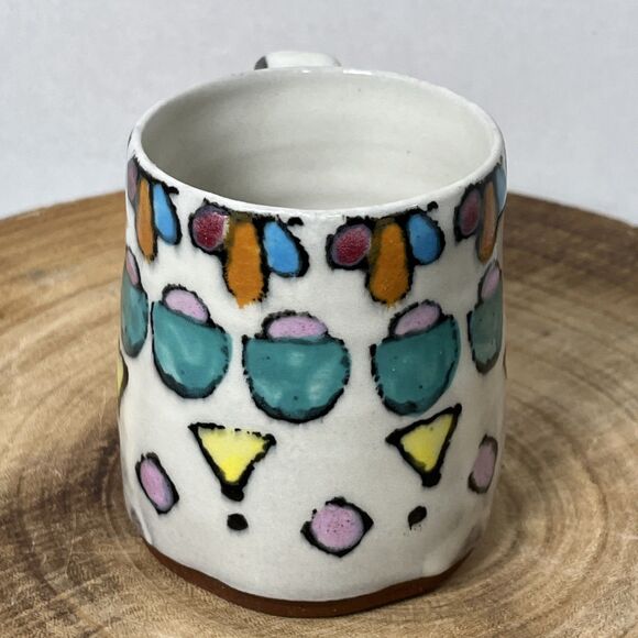 Super Rad 1980s Studio Art Pottery Colorful Geometric Coffee Mug Signed - Picture 2 of 6